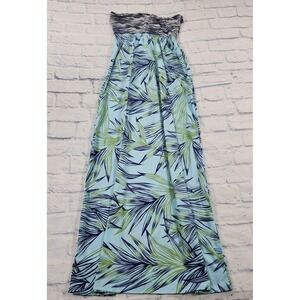 Roxy Tropical Palm Leaf Strapless Maxi Dress Womens L Blue Green Sundress
